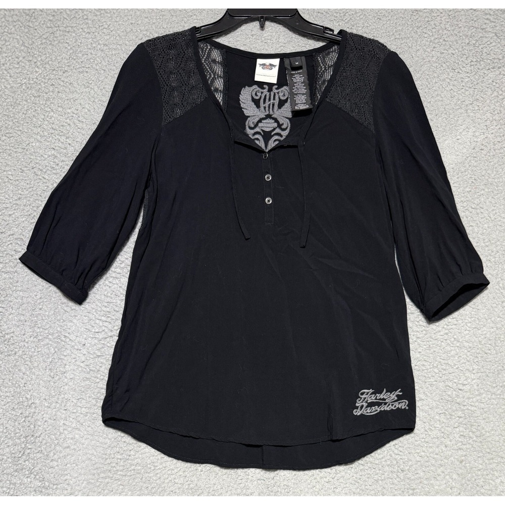 Harley Davidson 3/4 Sleeve Crochet Shoulders & Back Embroidered Top Size M Black